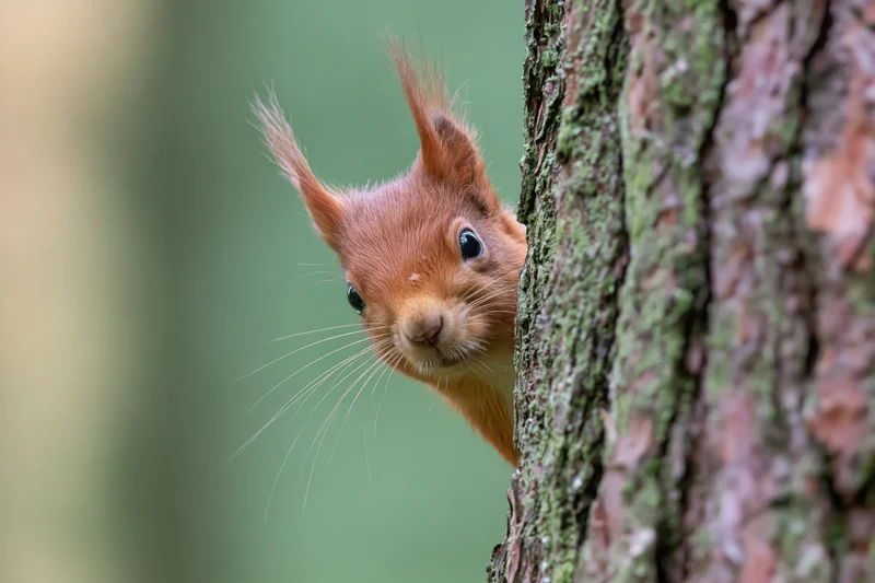 Red squirrel peeking from behind pine tree trunk in forest