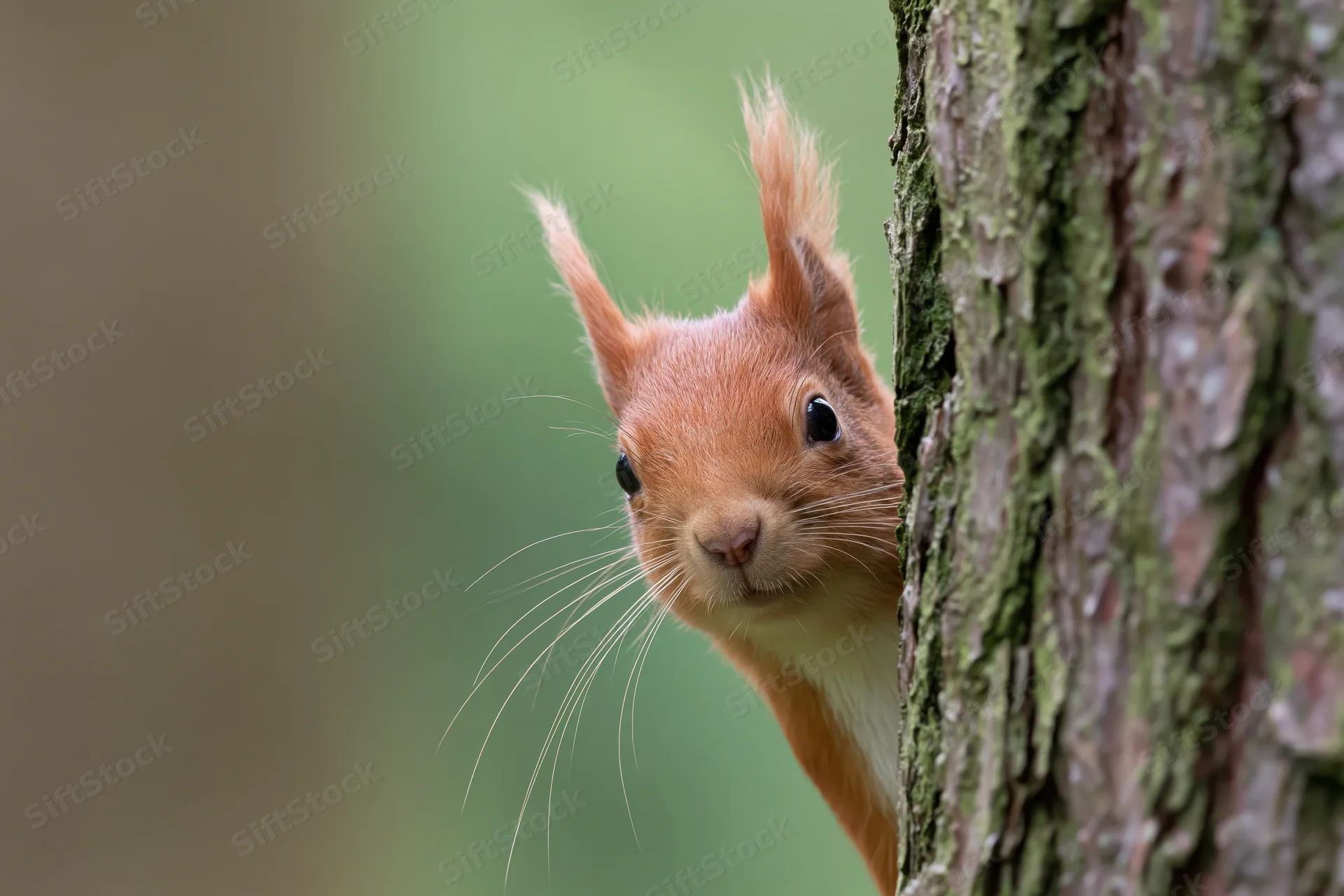 Red squirrel peeking from behind a pine tree trunk in a forest setting