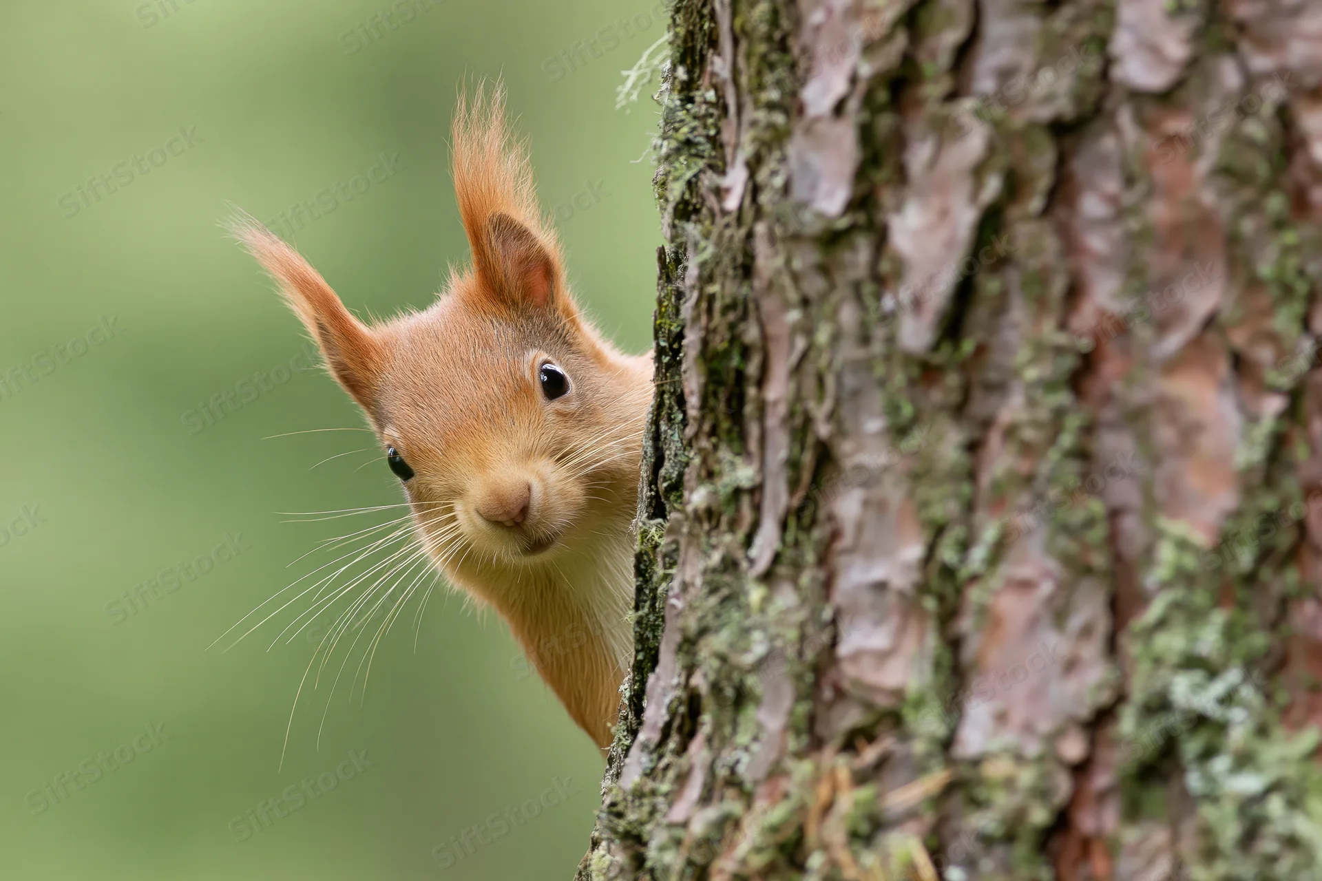 Red squirrel peeking from behind pine tree trunk in forest