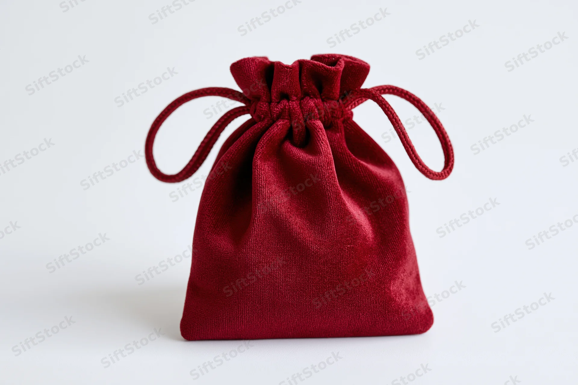 Red velvet drawstring pouch sitting upright on white background