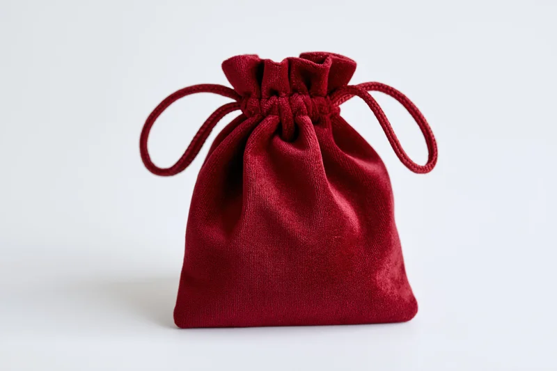 Red velvet drawstring pouch sitting upright on white background