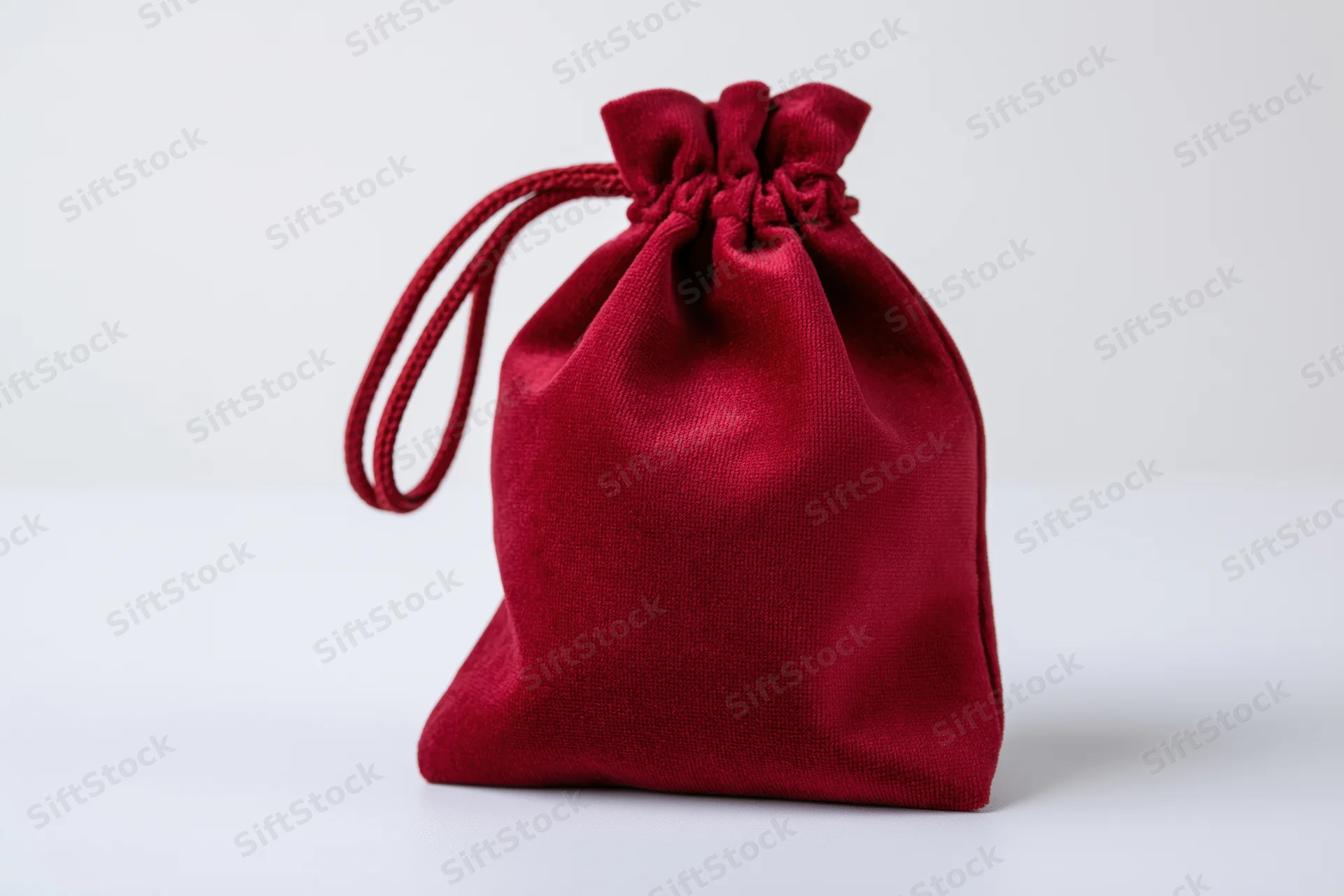 Red velvet drawstring pouch standing upright on white surface