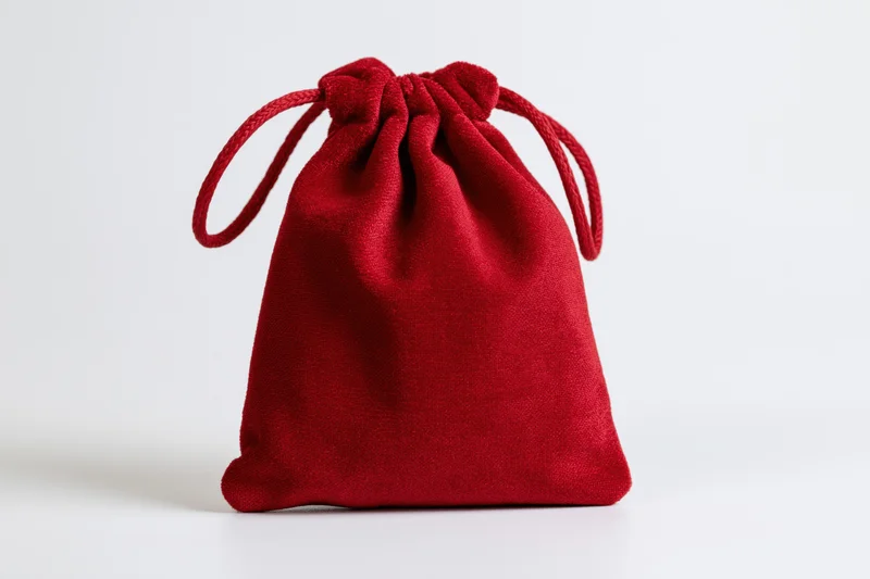 Red velvet drawstring pouch standing upright on white surface