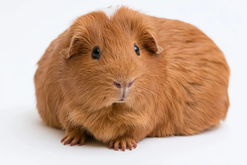 Reddish-brown guinea pig with white patch on head lying on white background