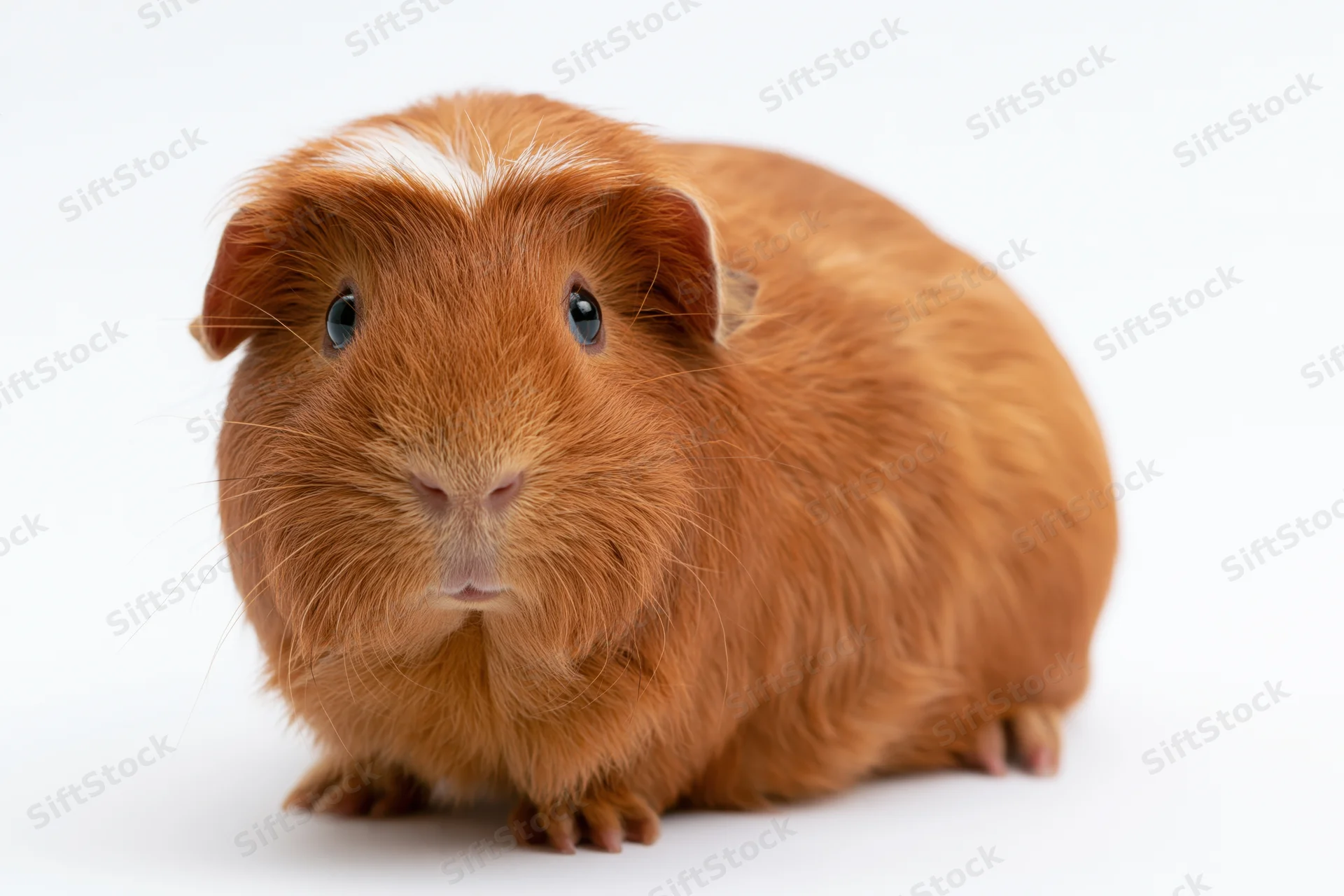 Reddish-brown guinea pig with white patch on head sitting on white background