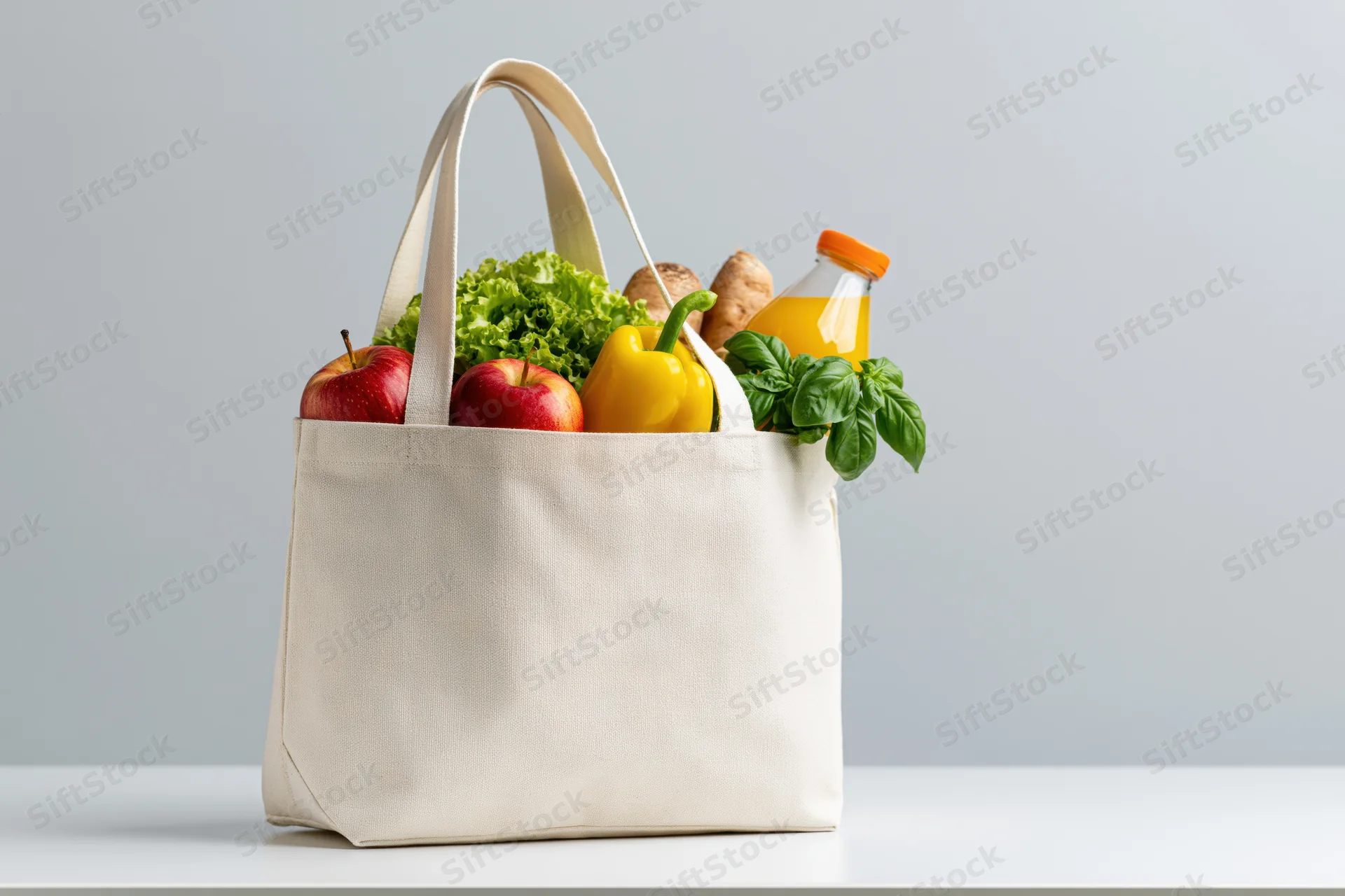 Reusable canvas tote bag filled with fresh groceries on a white surface
