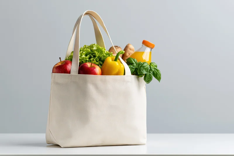 Reusable canvas tote bag filled with fresh groceries on a white surface