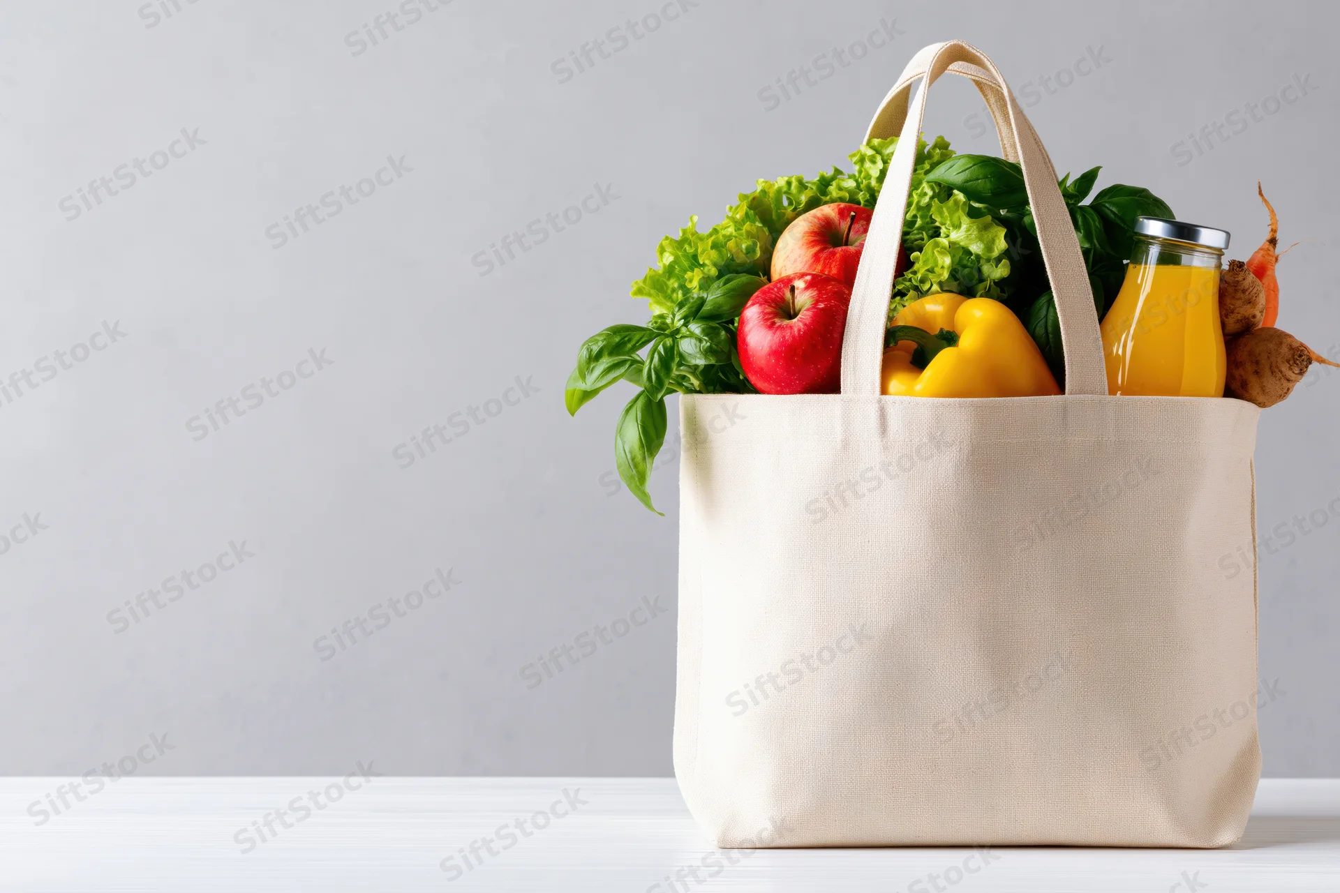 Reusable canvas tote bag filled with fresh fruits vegetables and juice on white surface