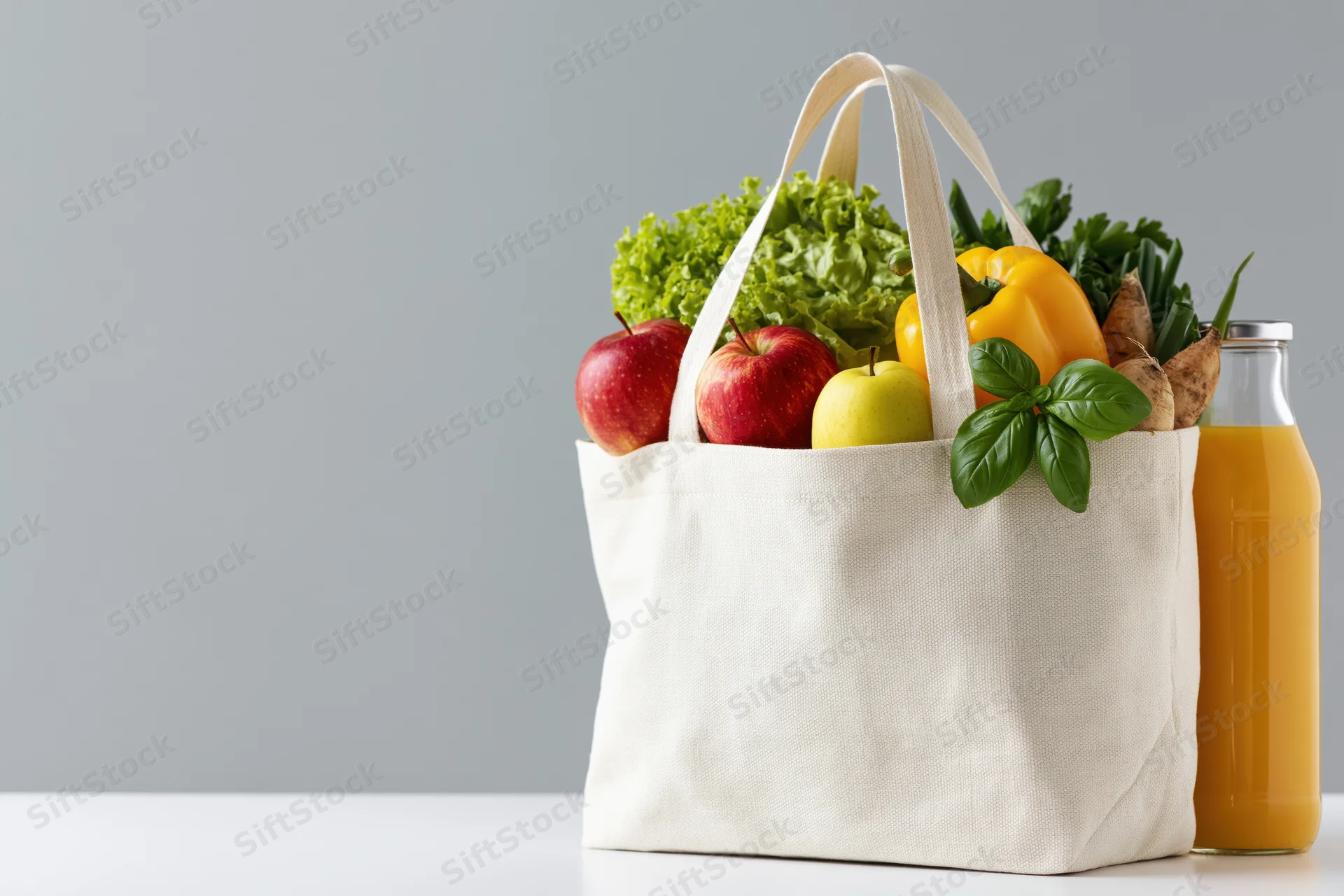Reusable canvas tote bag filled with fresh apples vegetables and juice on white surface