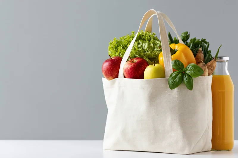 Reusable canvas tote bag filled with fresh apples vegetables and juice on white surface