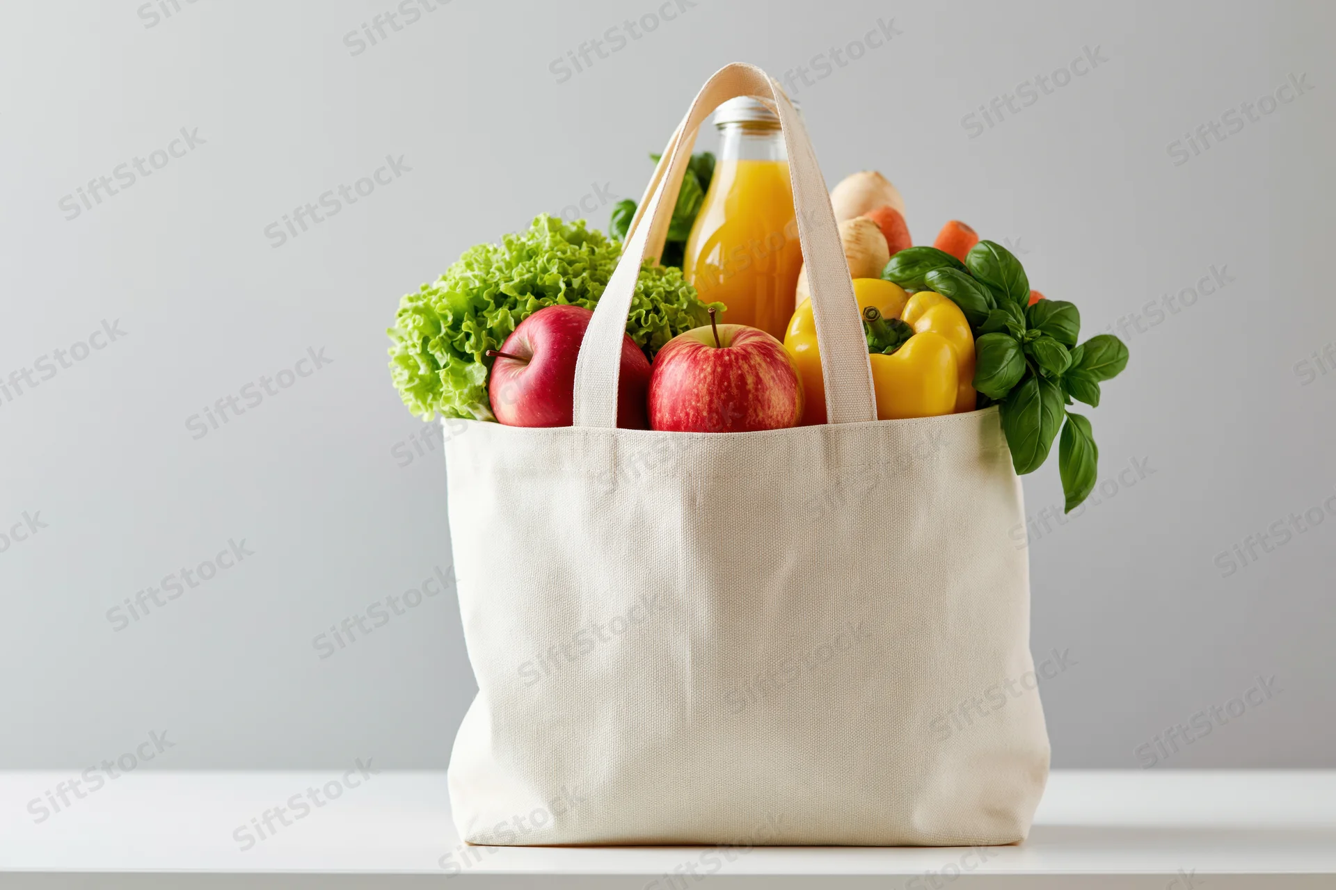Reusable canvas tote bag filled with fresh apples and vegetables on a white surface
