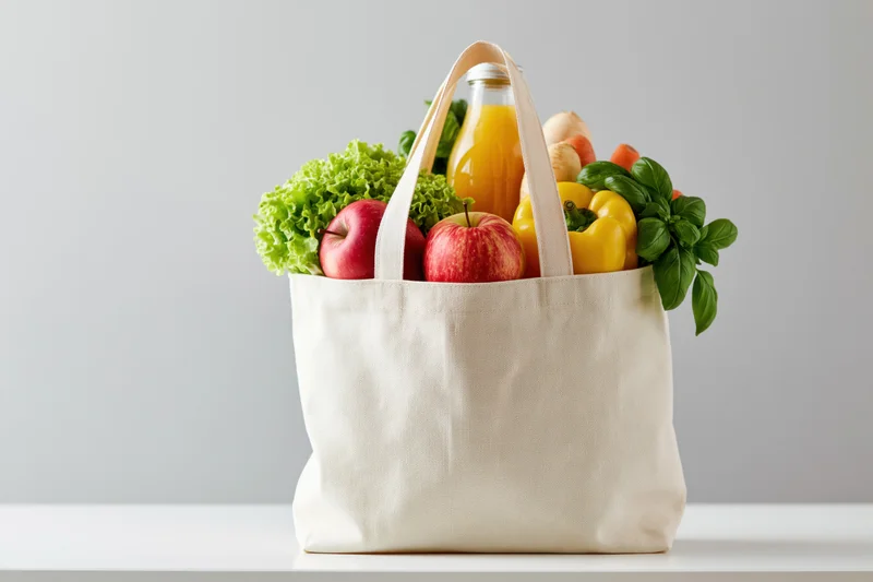 Reusable canvas tote bag filled with fresh apples and vegetables on a white surface