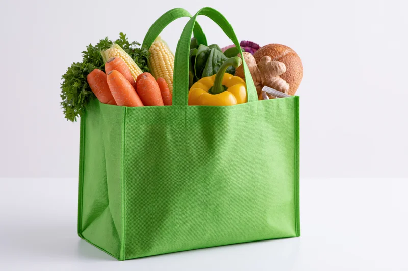 Green reusable tote bag filled with fresh vegetables and bread on white surface