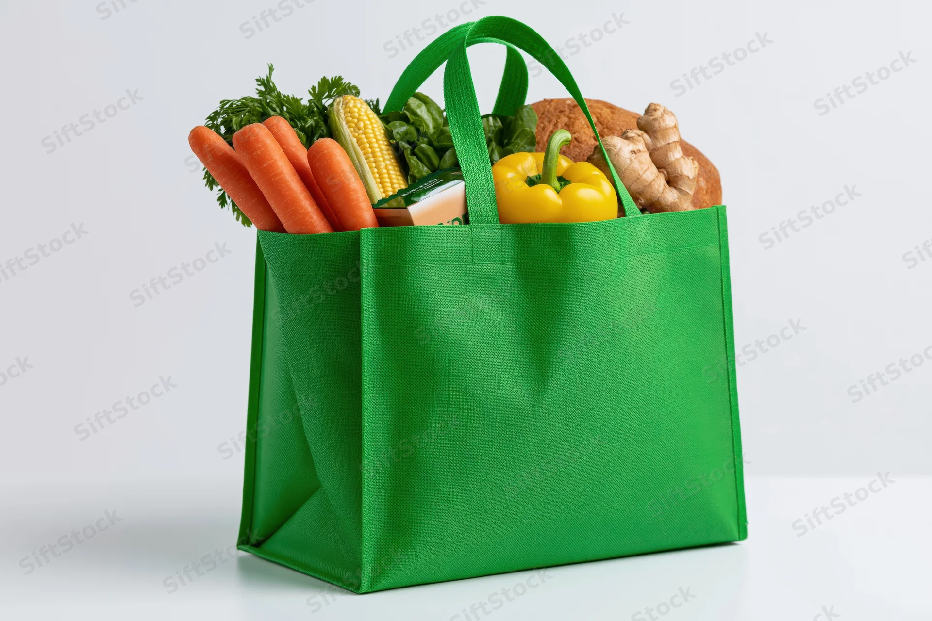 Green reusable tote bag filled with fresh vegetables and groceries on white background