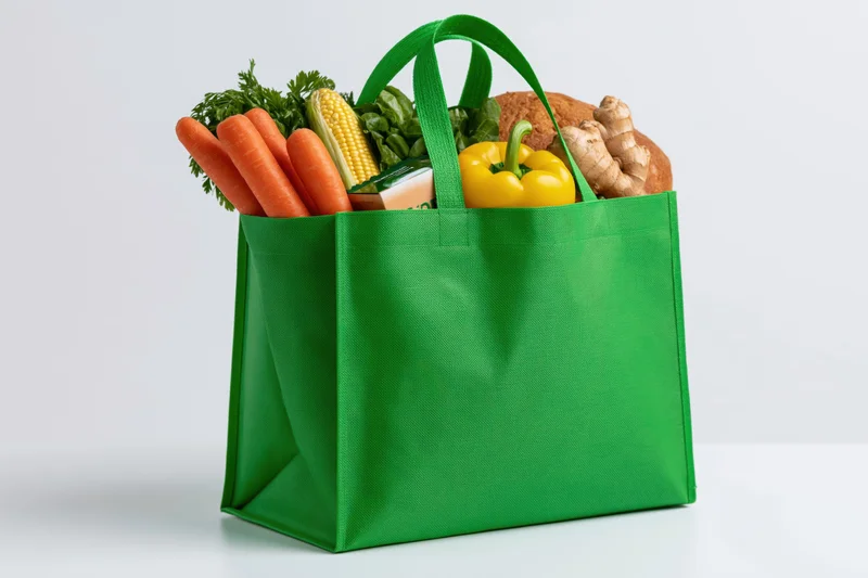 Green reusable tote bag filled with fresh vegetables and groceries on white background