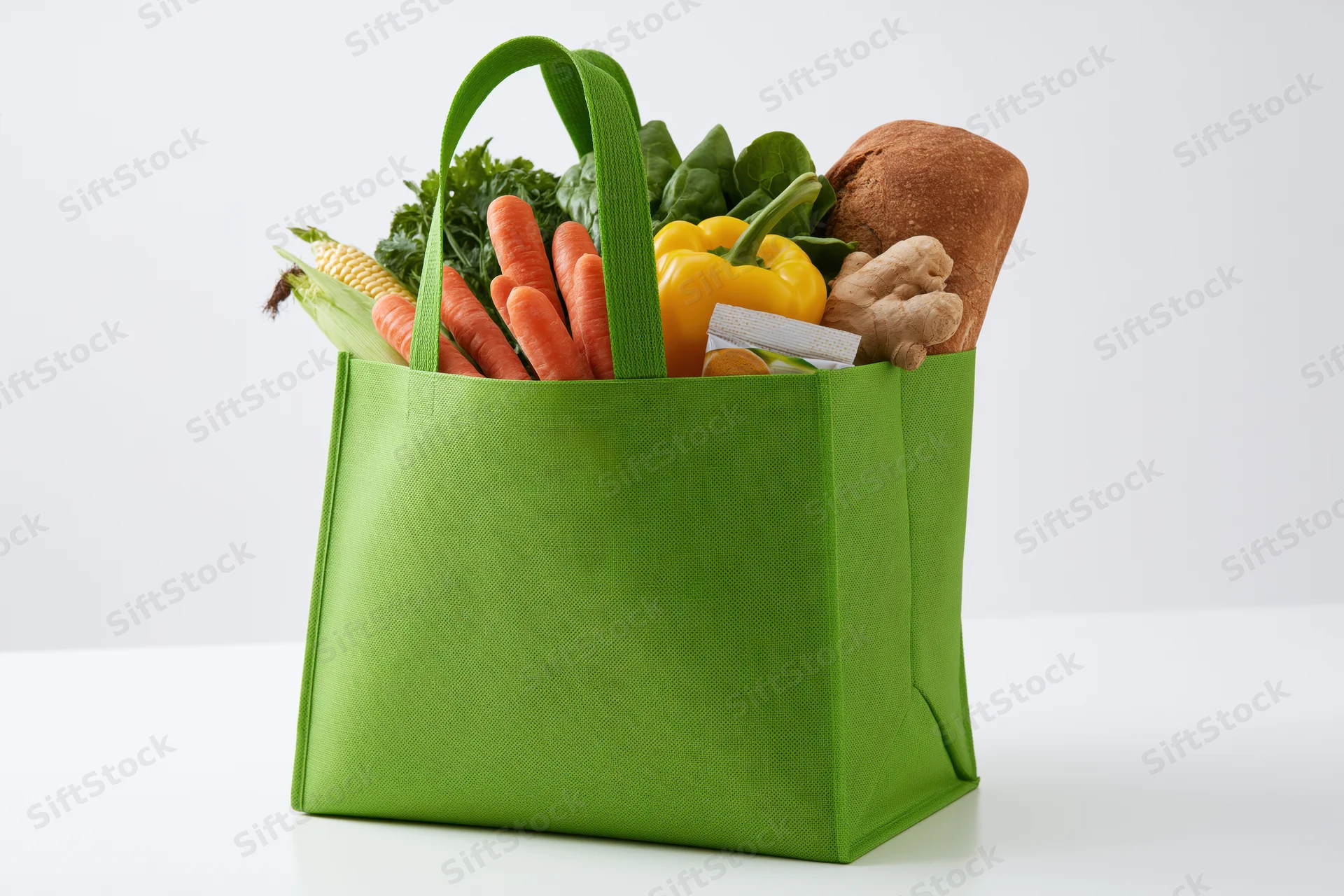 Green reusable tote bag filled with fresh vegetables and bread on white surface
