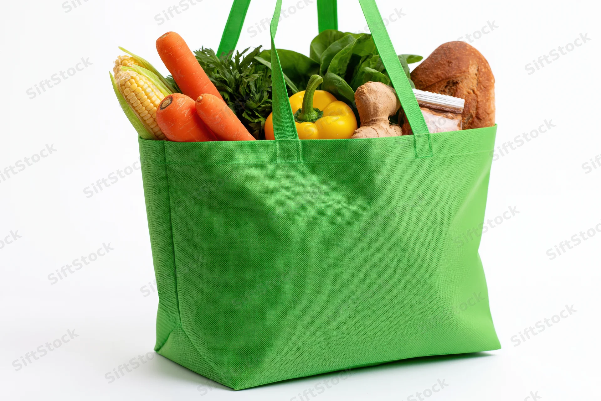 Green reusable tote bag filled with fresh vegetables and bread on white background