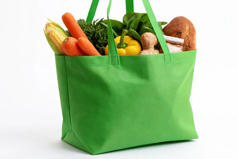 Green reusable tote bag filled with fresh vegetables and bread on white background