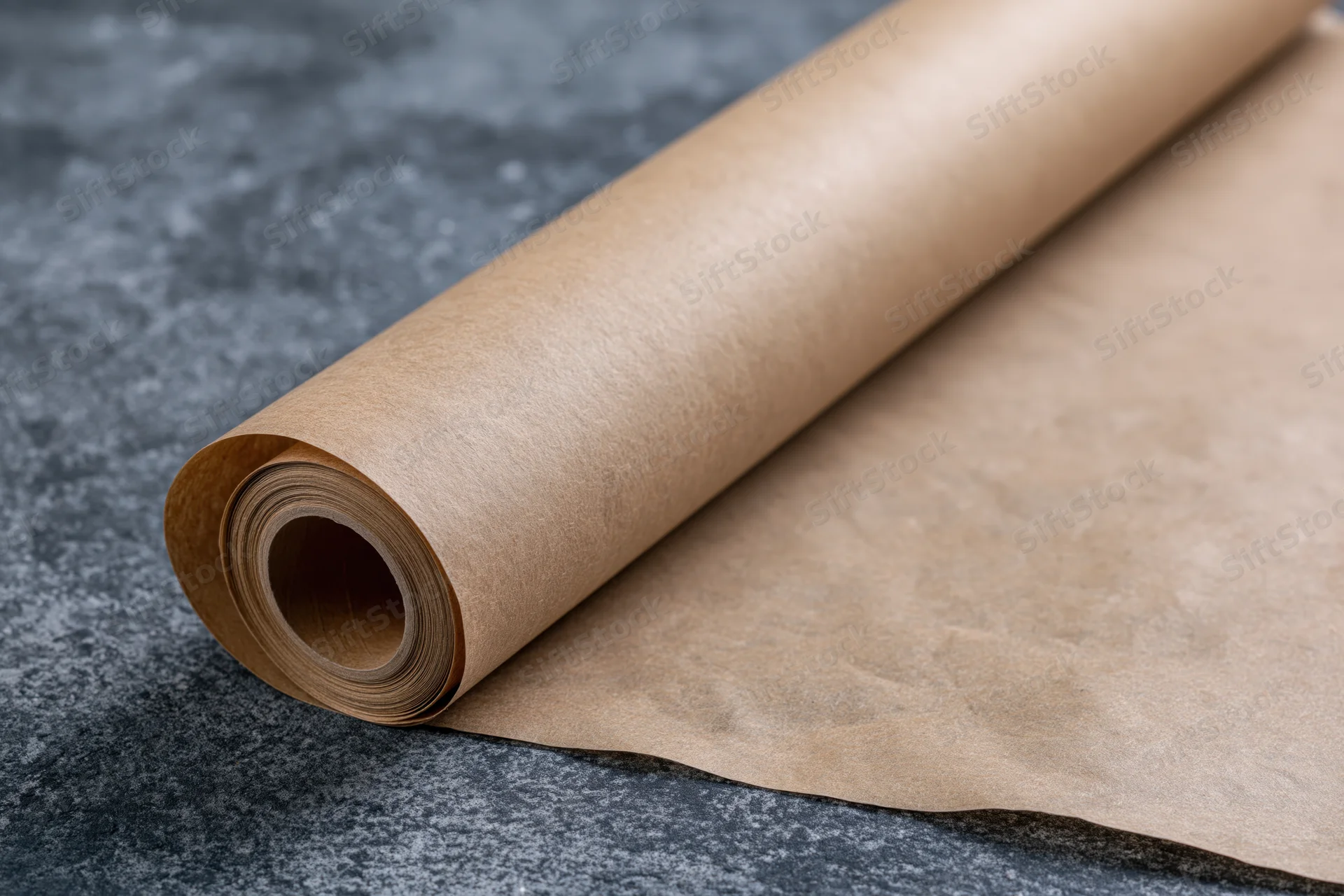 A roll of brown kraft parchment paper partially unrolled on a gray stone surface