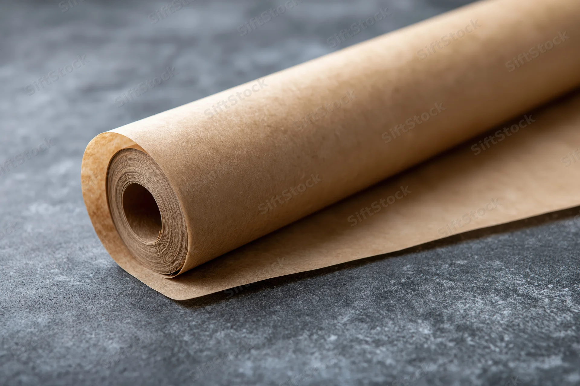 A roll of brown kraft parchment paper partially unrolled on a gray stone countertop