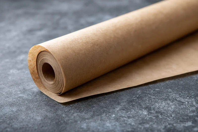 A roll of brown kraft parchment paper partially unrolled on a gray stone countertop