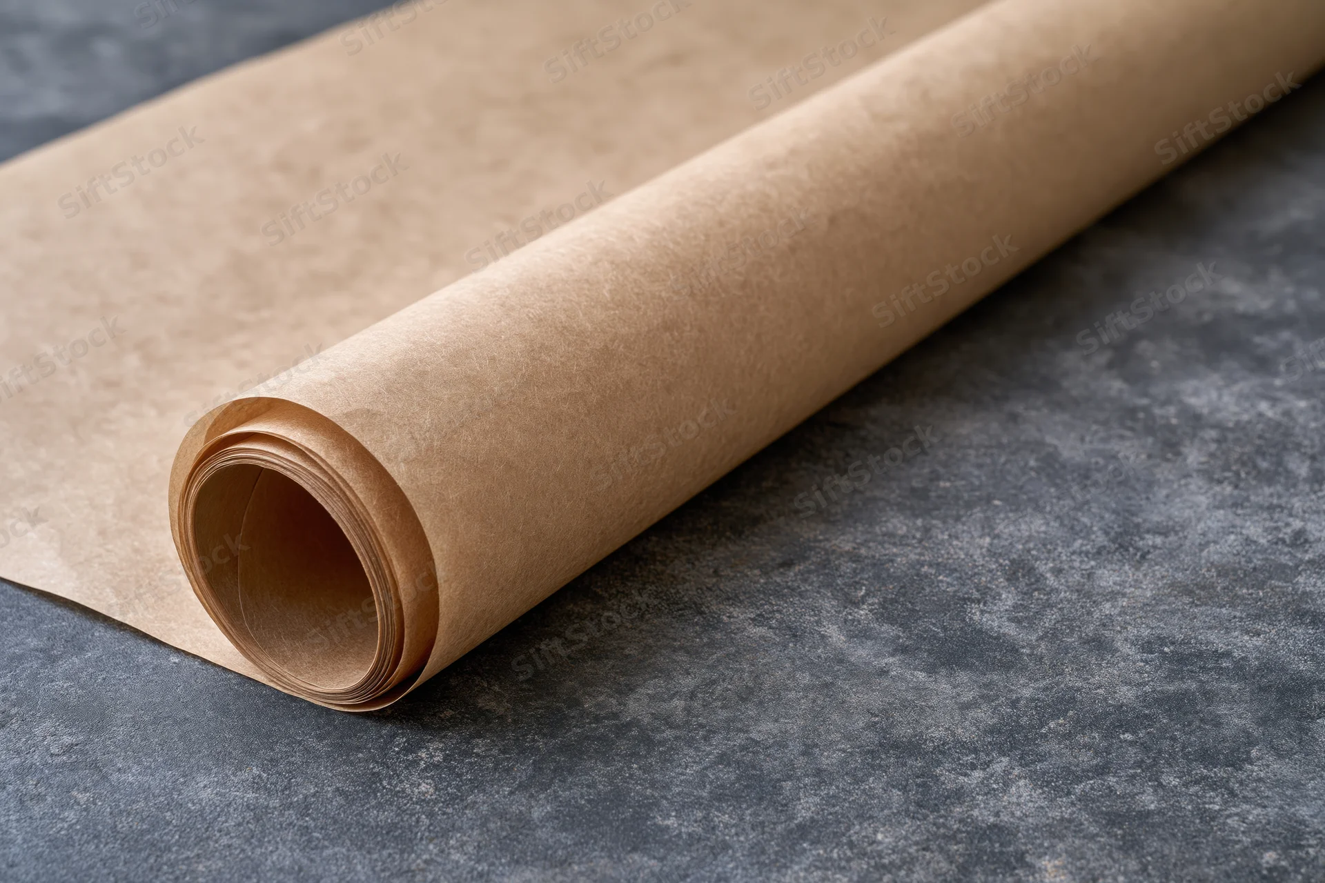 A roll of brown kraft parchment paper partially unrolled on a gray stone surface