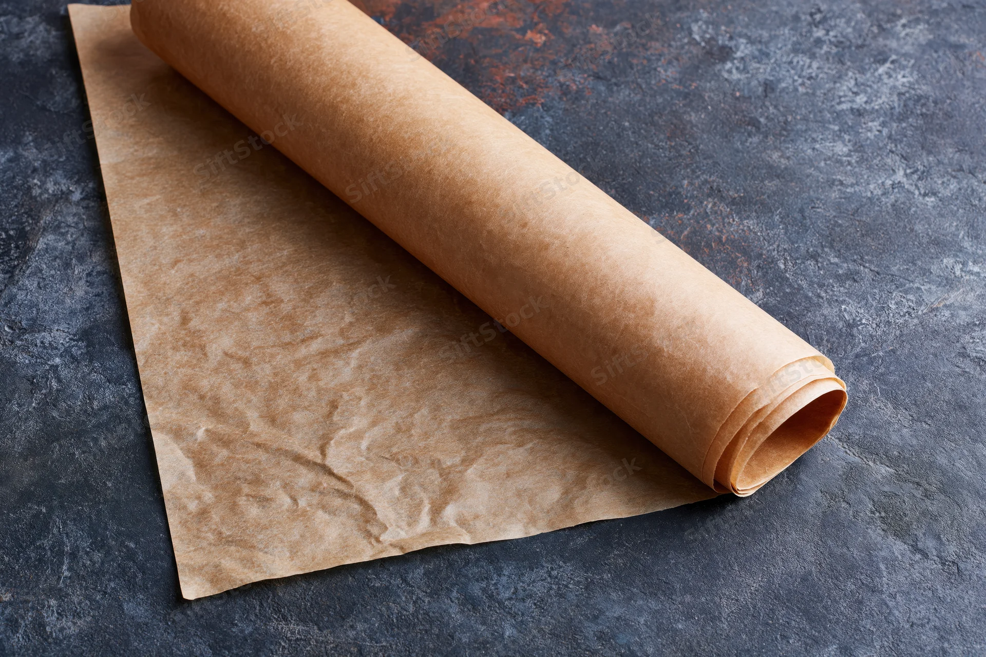 Roll of brown parchment baking paper partially unrolled on dark textured surface