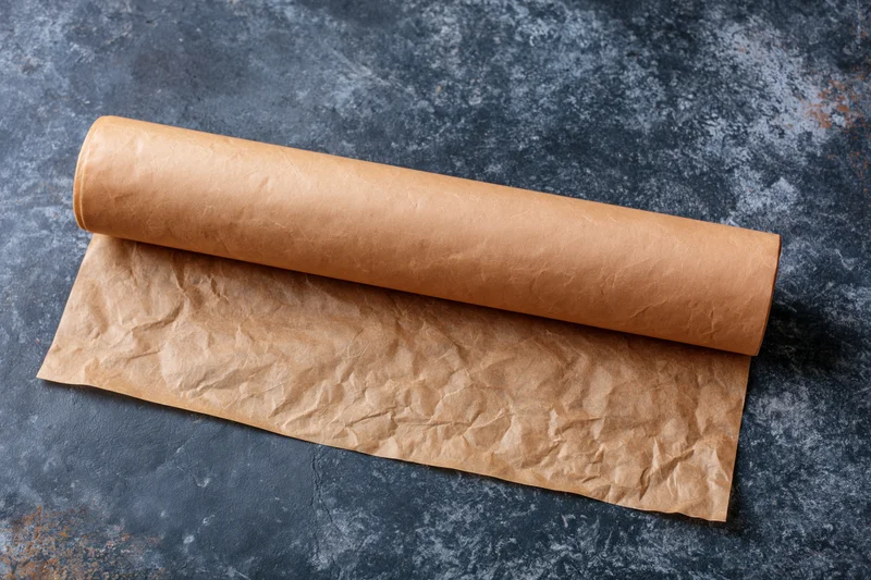 Roll of brown parchment baking paper partially unrolled on dark stone surface