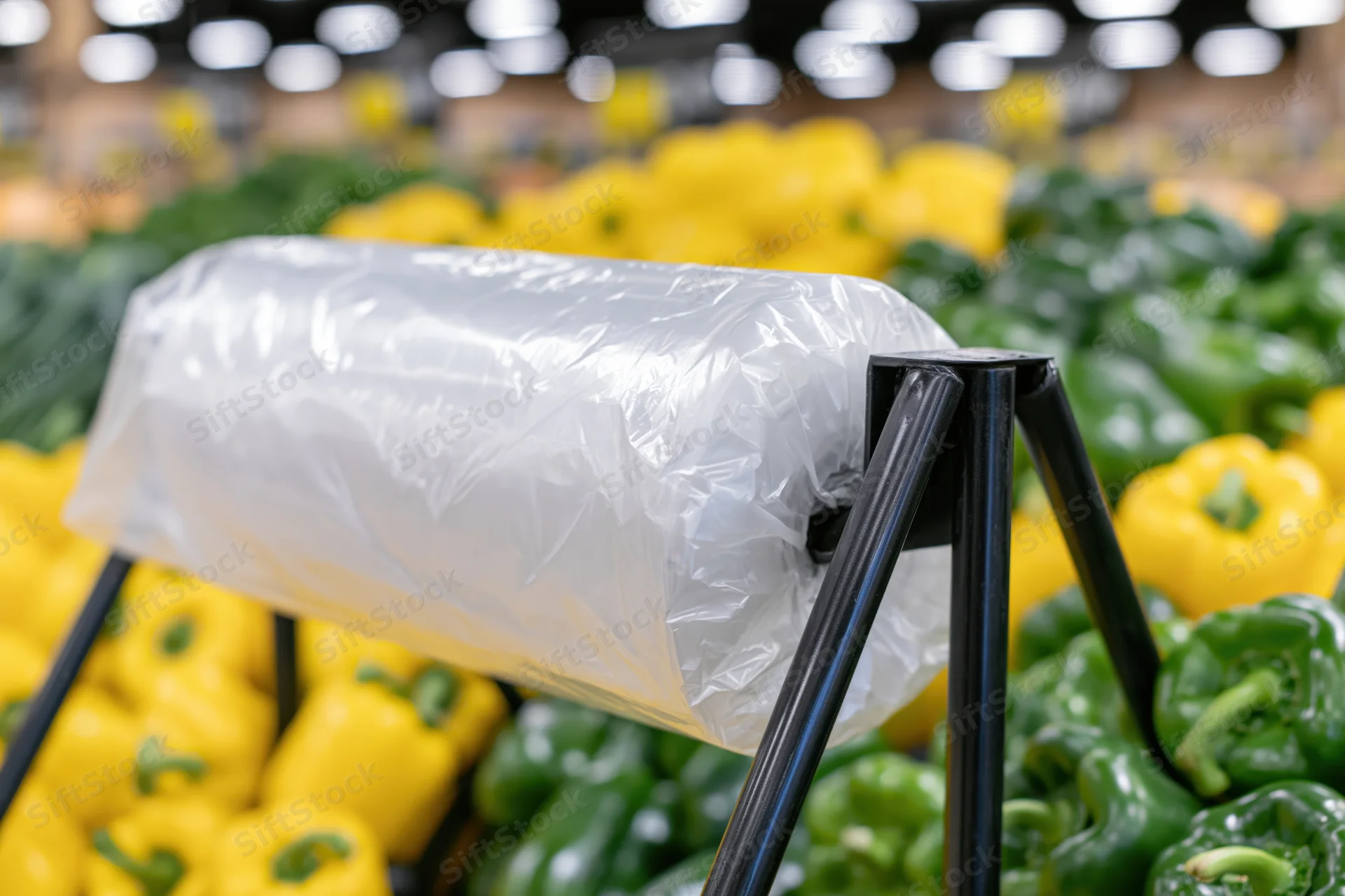 Roll of clear plastic produce bags on a black metal dispenser in a grocery store vegetable section
