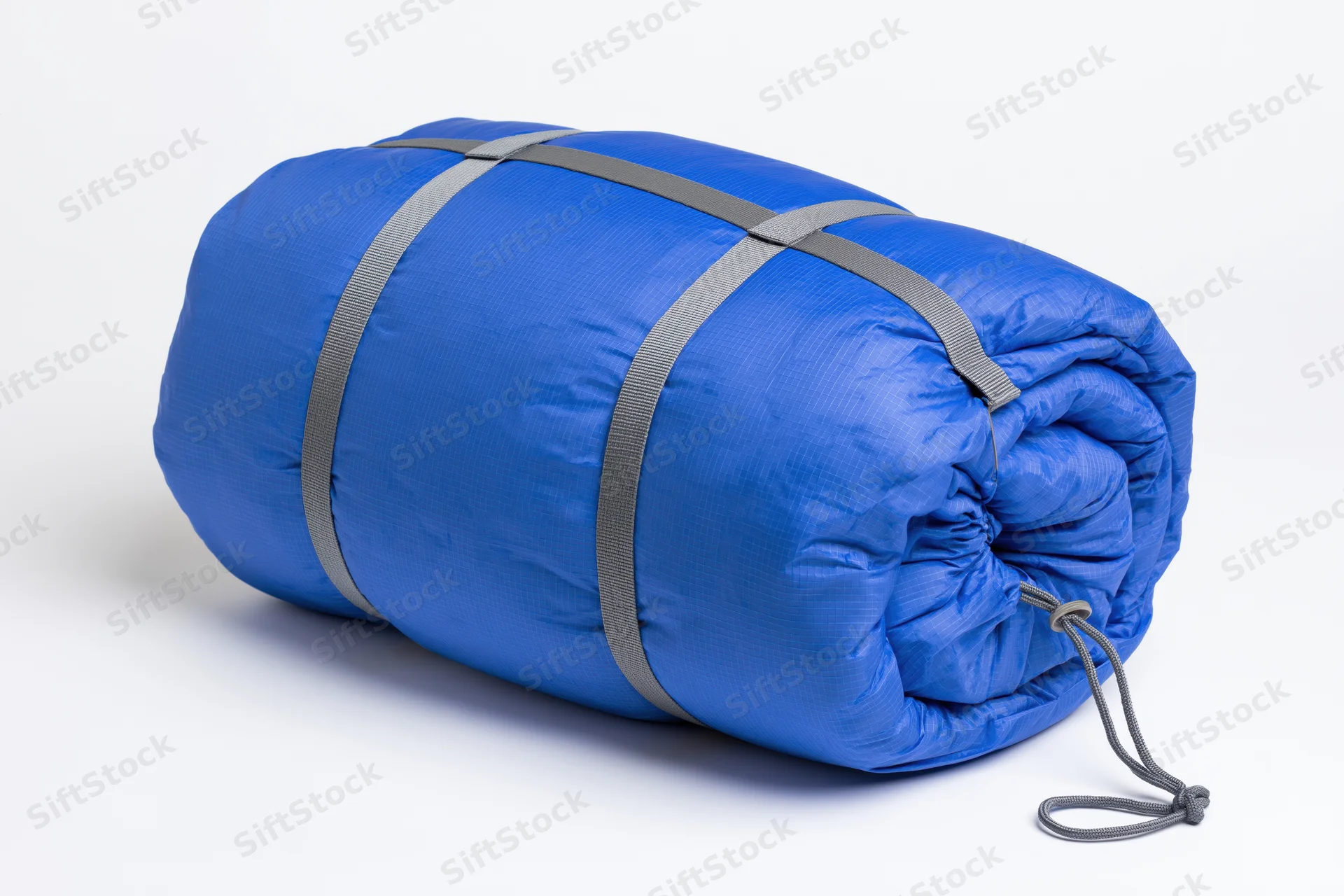 Rolled blue nylon sleeping bag secured with straps on white background