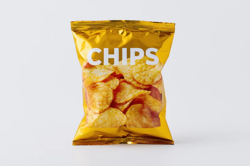 Sealed golden foil bag of potato chips with bold white label on white background