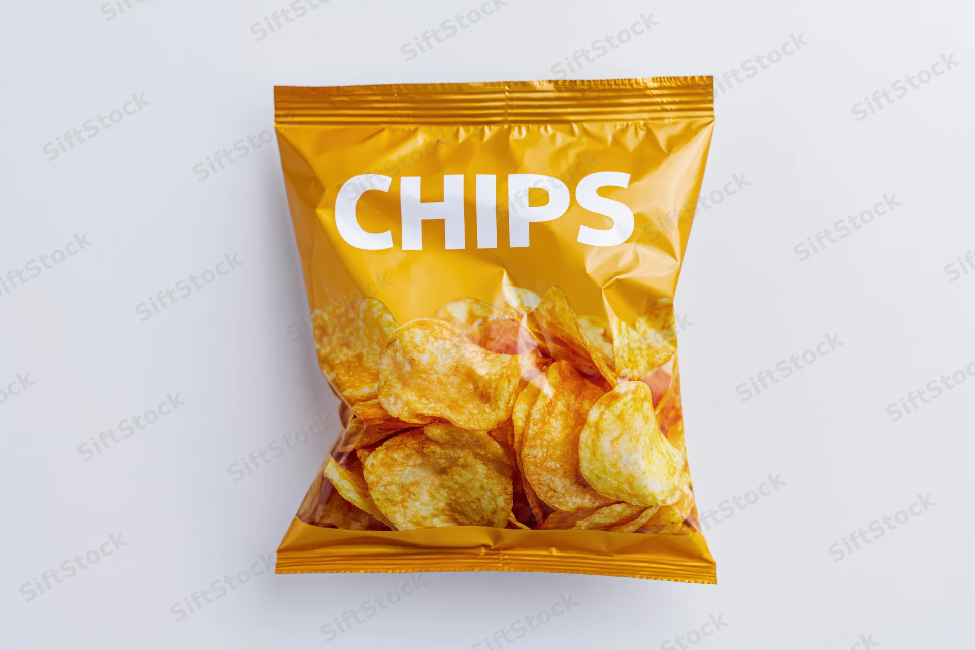 Sealed foil snack bag labeled chips in bold white text on white background