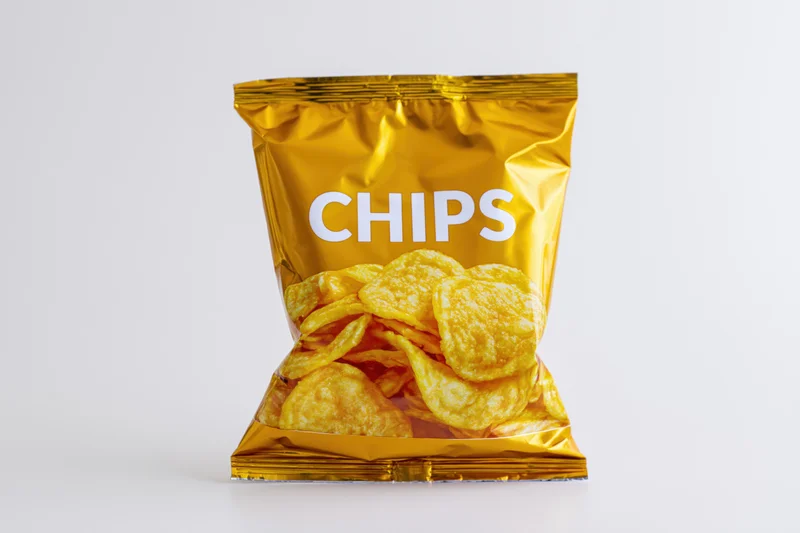 Sealed golden foil bag of chips with transparent window on white background