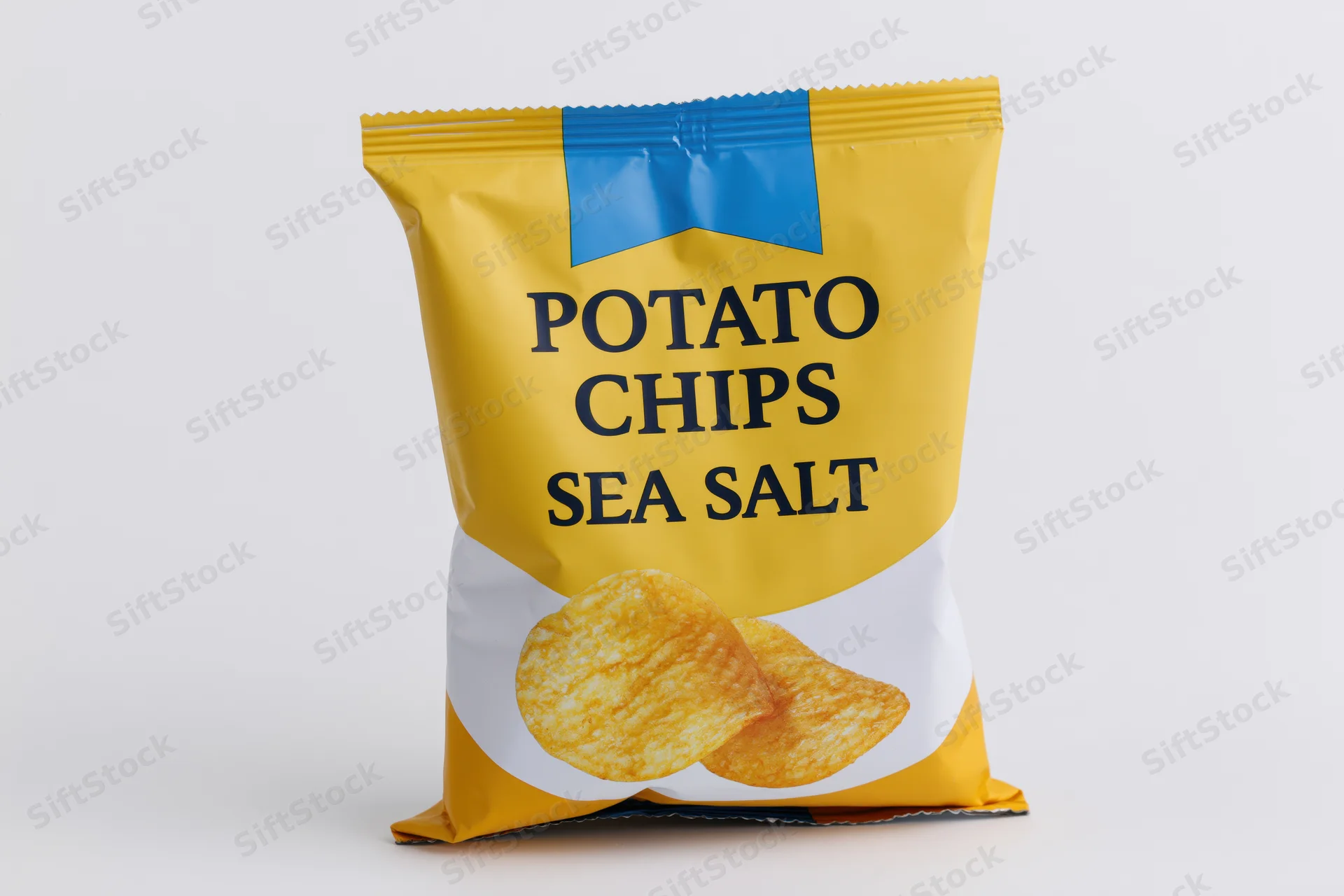 Sealed snack-size potato chip bag standing upright front-facing on white background