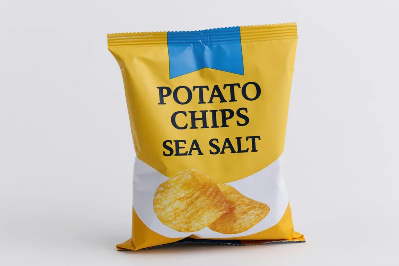 Sealed potato chip bag standing upright front facing