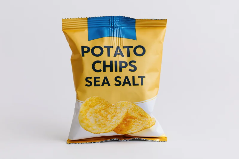 Sealed snack-size potato chip bag standing upright front-facing on white background