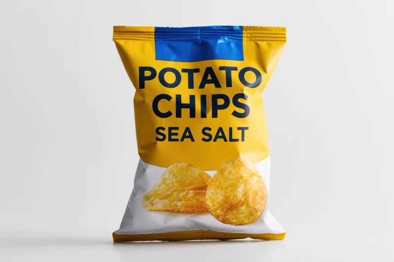 Sealed snack-size potato chip bag standing upright front-facing on white background