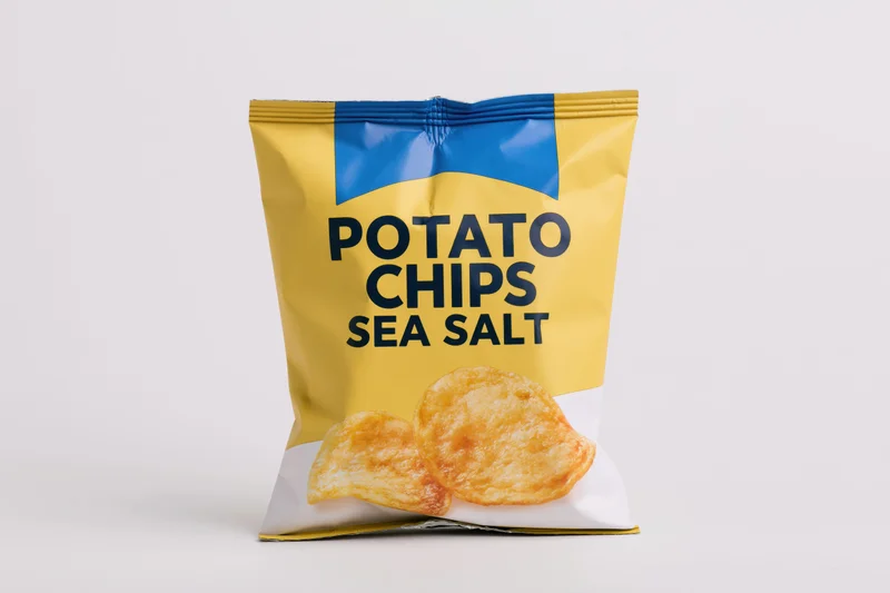 Sealed snack-size potato chip bag standing upright front-facing on white background