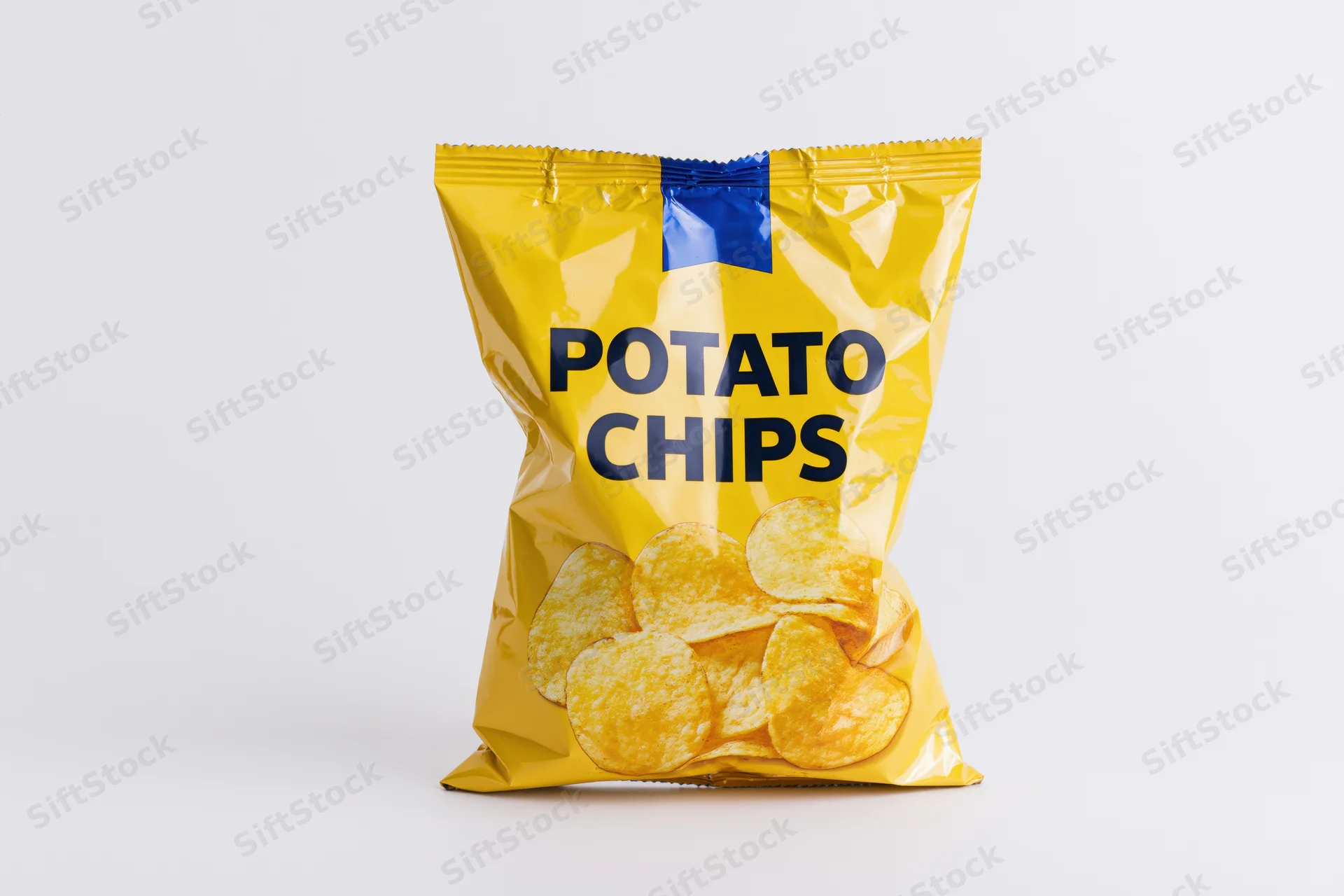 Sealed yellow and blue potato chips bag standing upright centered on white background