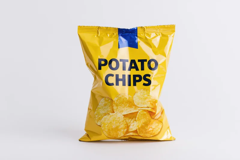 Sealed yellow and blue potato chips bag standing upright centered on white background