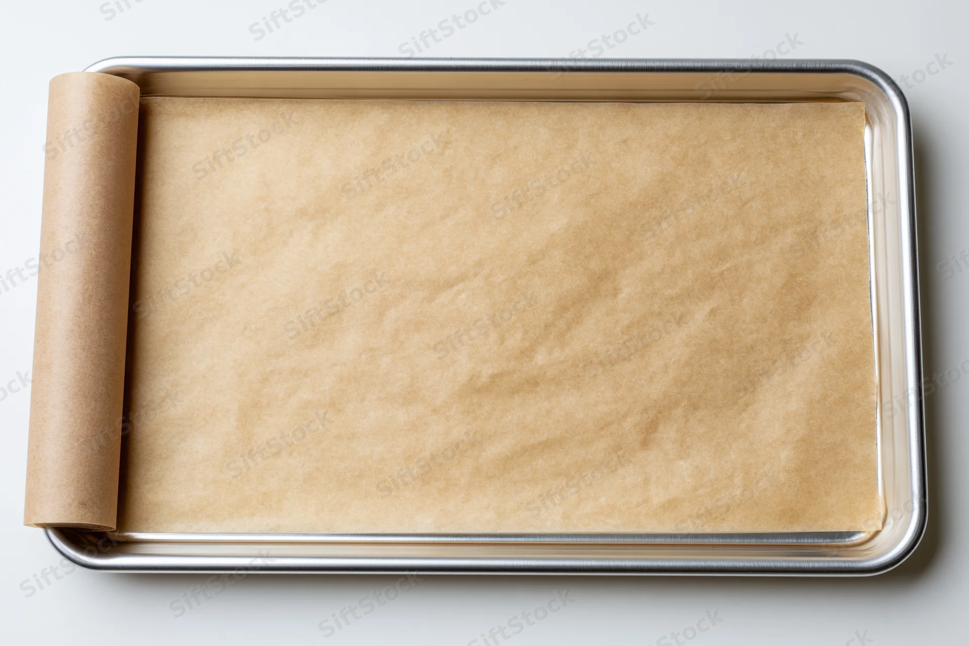Unbleached parchment paper laid flat inside a silver baking tray on white surface