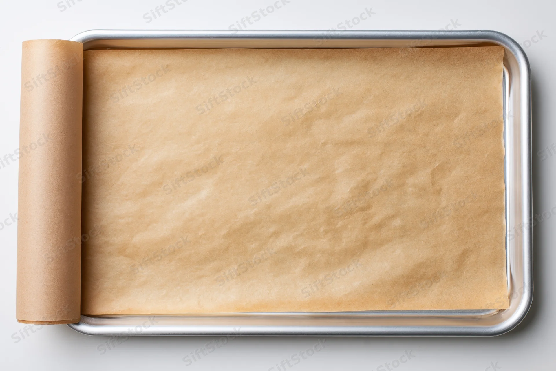 Unbleached parchment paper laid flat in a metal baking tray on white background