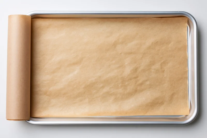 Unbleached parchment paper laid flat in a metal baking tray on white background