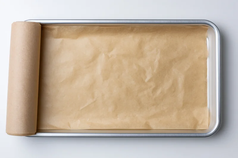 Unbleached parchment paper laid flat inside a silver baking tray on white surface