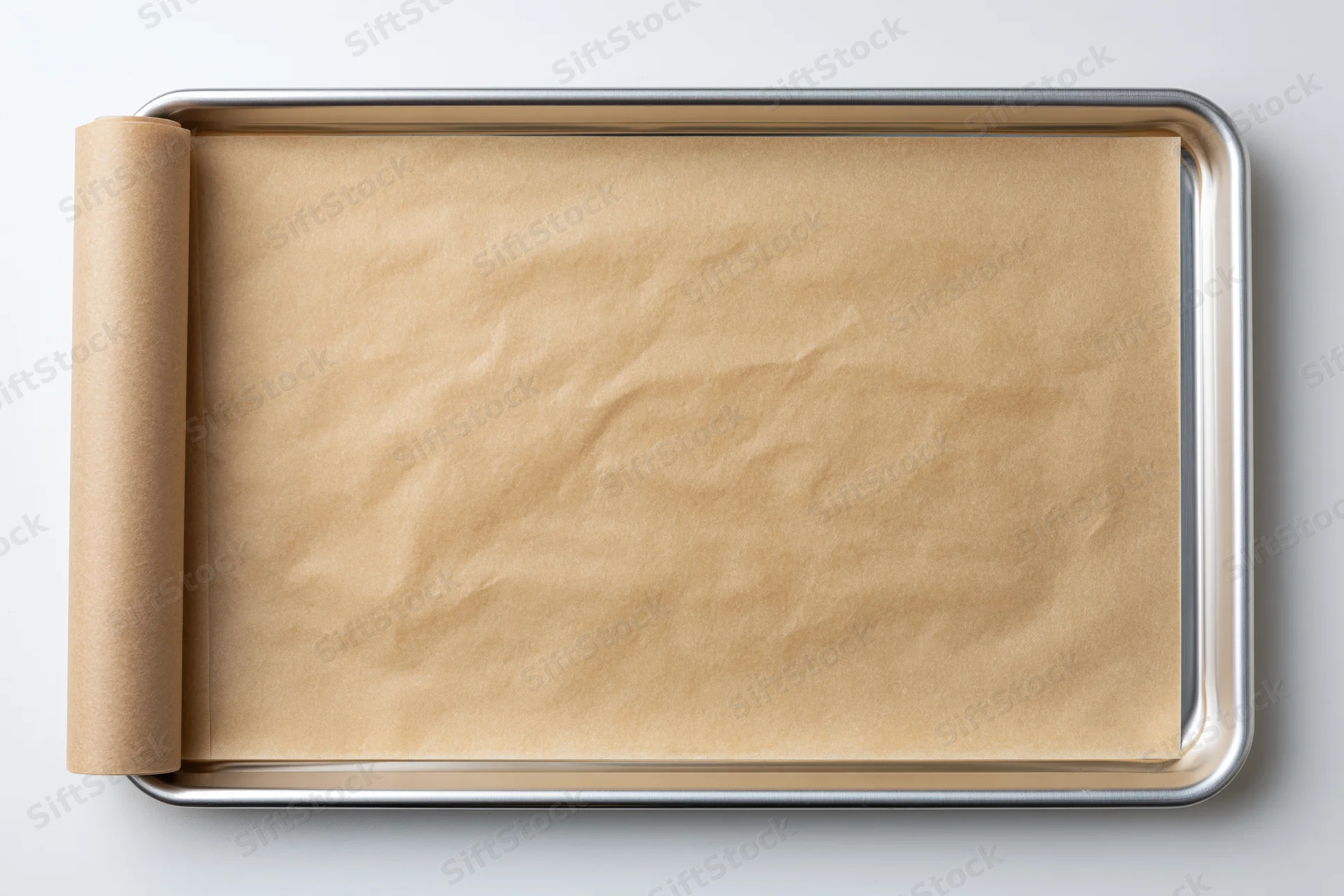 Unbleached parchment paper laid flat on a metal baking tray, ready for baking