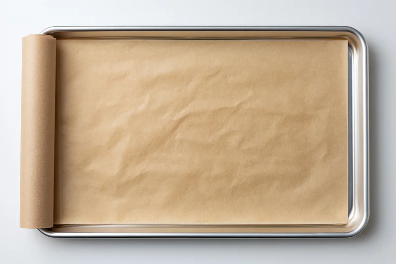 Unbleached parchment paper laid flat on a metal baking tray, ready for baking