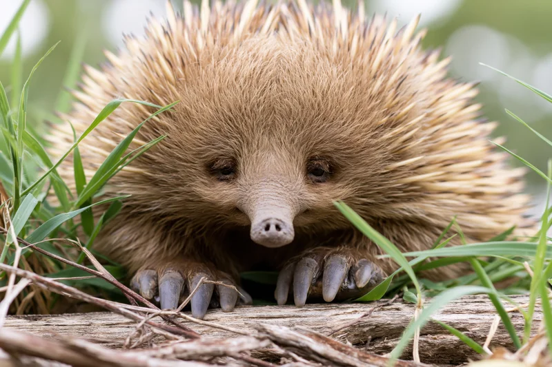 Short-beaked echidna resting on a weathered log in grassy natural habitat