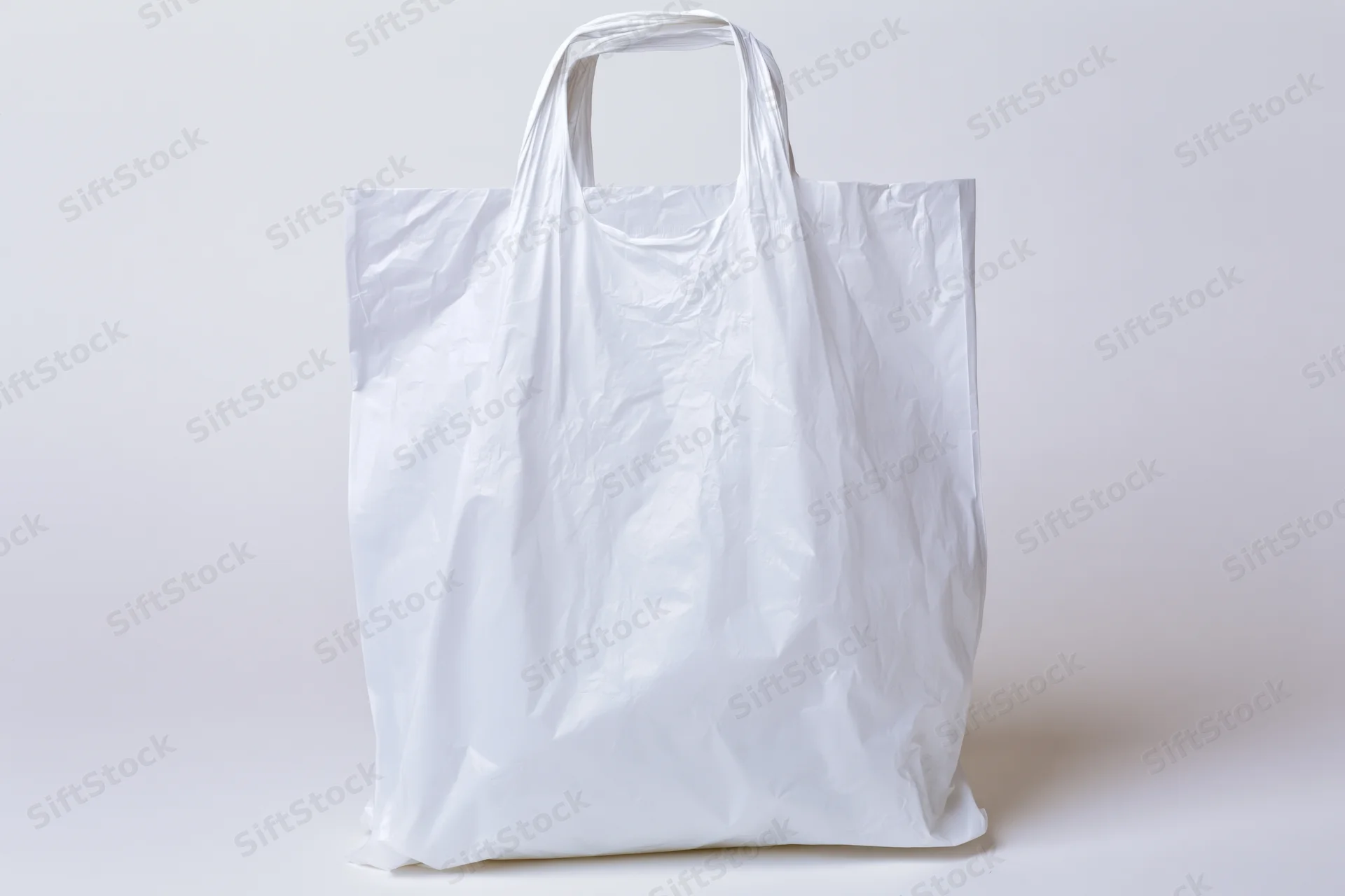 Empty white plastic shopping bag standing upright on plain white background