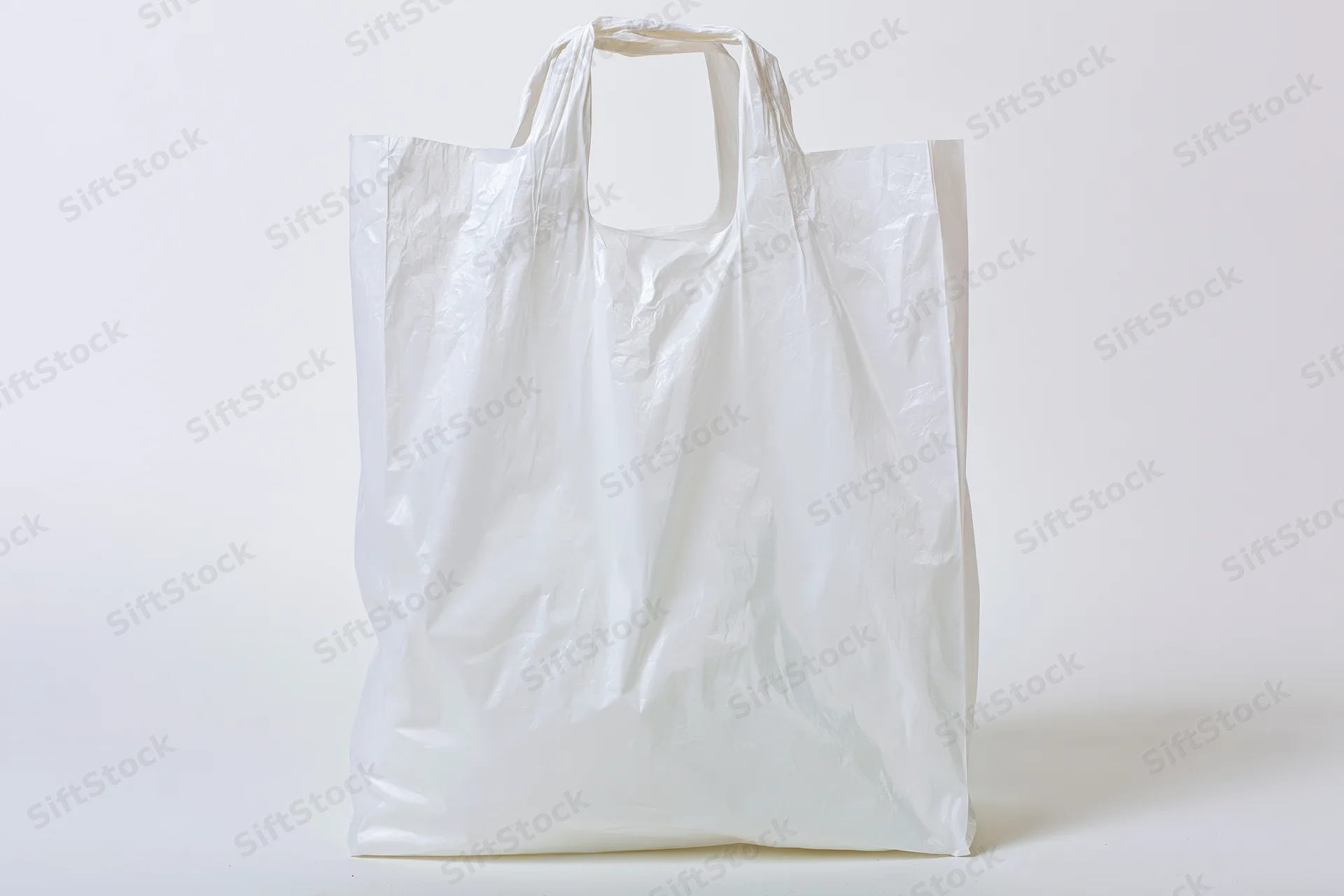 Empty white plastic shopping bag standing upright on plain white surface
