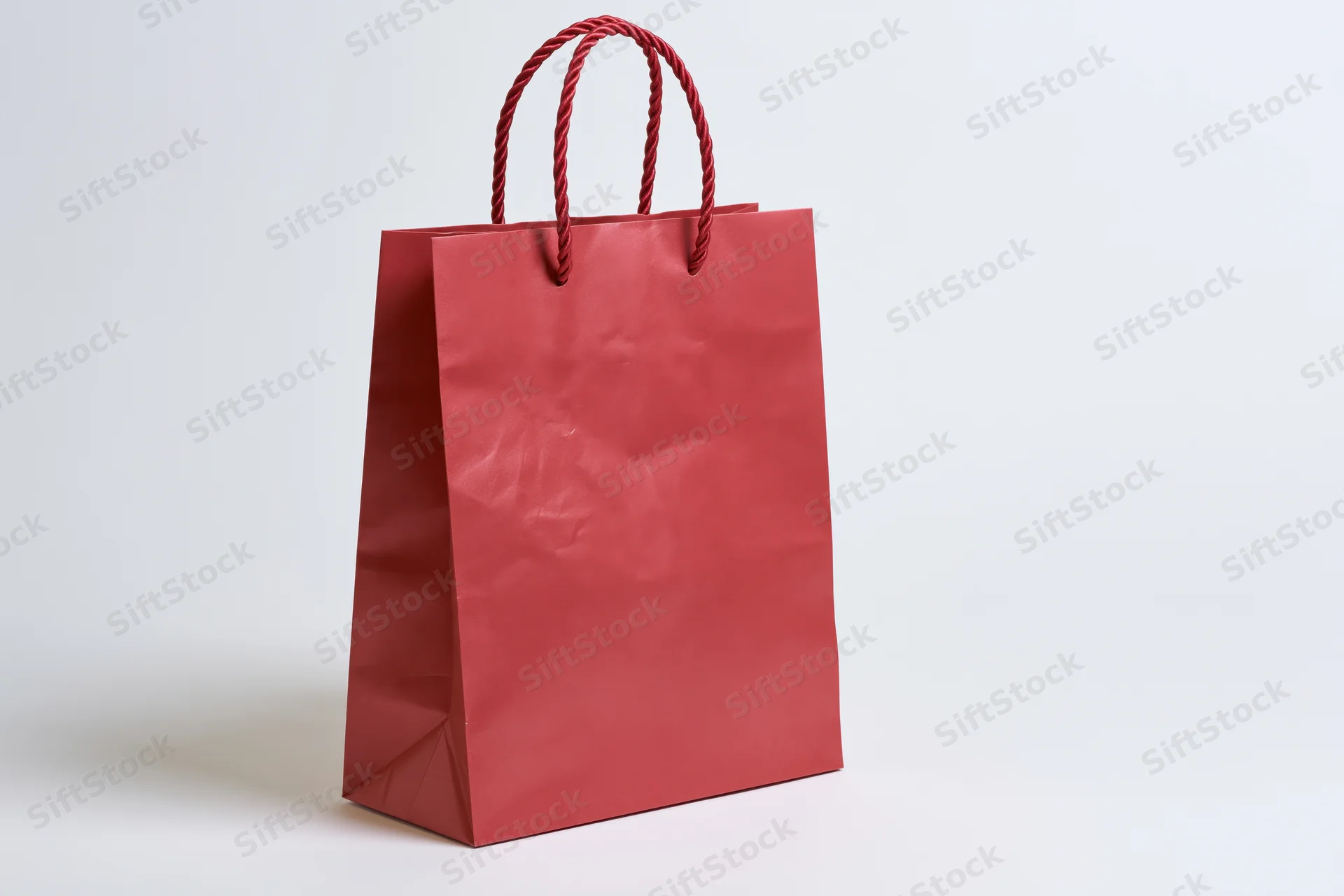Red glossy paper shopping bag with twisted rope handles on white background